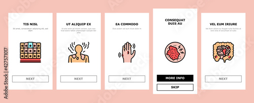 Disease Human Problem Onboarding Mobile App Page Screen Vector. Epithelial Tissue And Toxoplasmosis, Ear Surgery And Cellulite, Skin Itch And Lymphoma Disease Illustrations