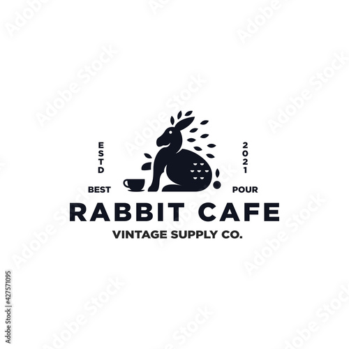 Rabbit Cafe Logo Design Inspiration - Isolated vector Illustration on white background - Creative black vintage logo  icon  symbol  sticker  emblem  badge - Rabbit  leaves  and cup smart combination