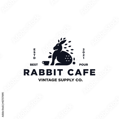 Rabbit Cafe Logo Design Inspiration - Isolated vector Illustration on white background - Creative black vintage logo, icon, symbol, sticker, emblem, badge - Rabbit, leaves, and cup smart combination