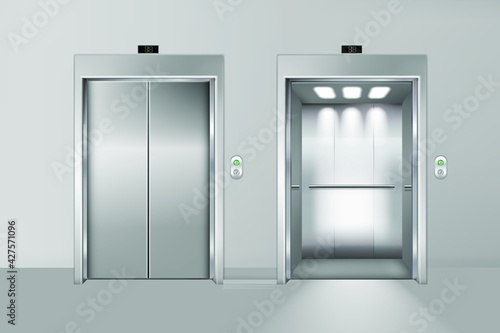 Templates set of elevator with closed, half-open and open doors, realistic vector illustration. Fragment of building wall with elevator doorways and shiny steel doors. Eps 10 vector illustration.