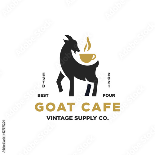 Goat Cafe Logo Design Inspiration - Isolated vector Illustration on white background - Creative vintage logo, icon, symbol, sticker, emblem, badge - Black goat and gold cup smart combination