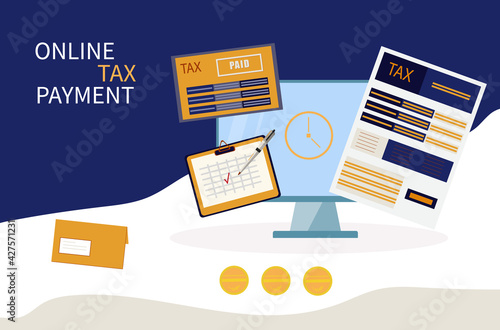 Electronic payment of taxes online. Tax form.
Digital transfer of funds and transfer of data on time,on schedule with receipt. Internet payments, bank according to the calendar. Vector