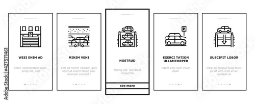 Underground Parking Onboarding Mobile App Page Screen Vector. Underground Multilevel Parking Building, Barrier And Automatical Gate, Elevator Lifting Transport Illustrations