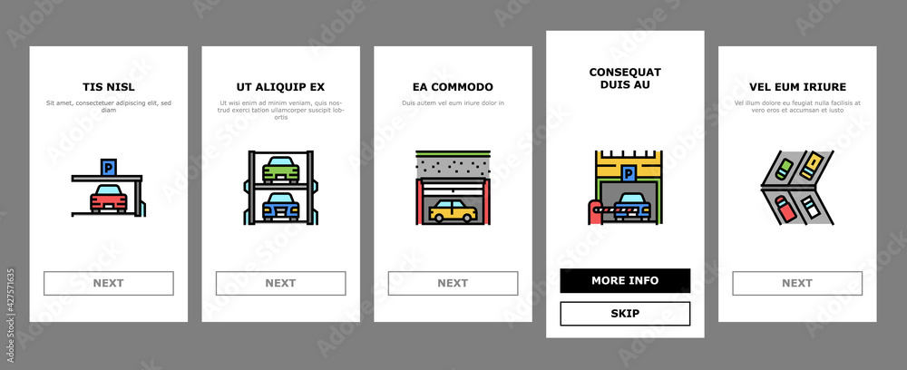 Underground Parking Onboarding Mobile App Page Screen Vector. Underground Multilevel Parking Building, Barrier And Automatical Gate, Elevator Lifting Transport Illustrations Underground Parking Onboarding Mobile App Page Screen Vector. Underground Multilevel Parking Building, Barrier And Automatical Gate, Elevator Lifting Transport Illustrations