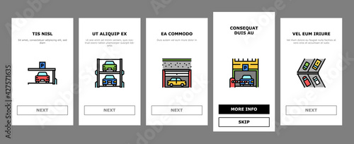 Underground Parking Onboarding Mobile App Page Screen Vector. Underground Multilevel Parking Building, Barrier And Automatical Gate, Elevator Lifting Transport Illustrations
