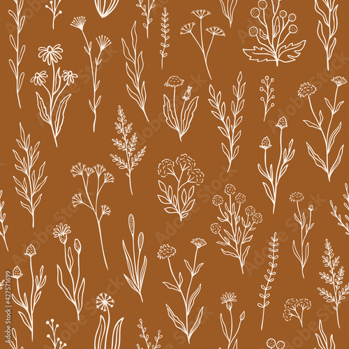 Wildflower seamless pattern with outline florals. Retro style print design with hand drawn doodle flowers in rustic colors. Simple field floral patterns for packaging, fabric design