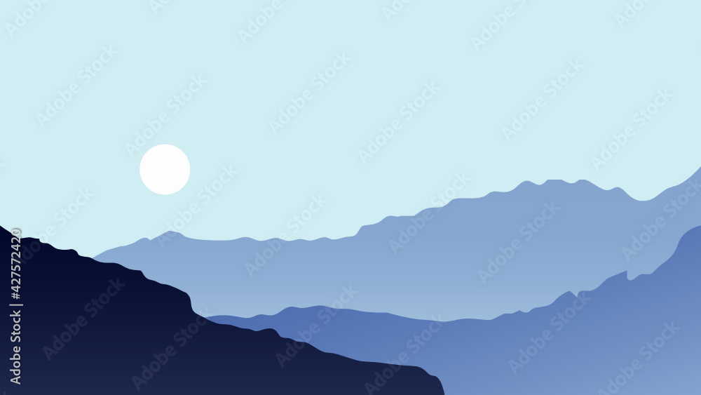 Vector Illustration of Blue Mountain Scenery with Moon. Perfect for Background, Nature Theme Background, Typography Background, and Illustration. Vector Illustration of Blue Mountain Scenery with Moon. Perfect for Background, Nature Theme Background, Typography Background, and Illustration.