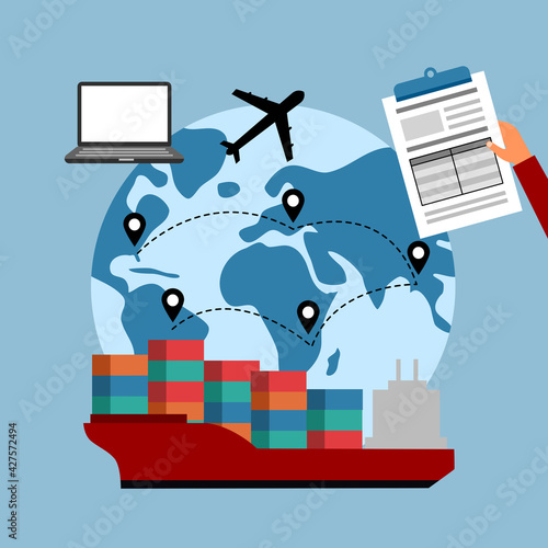 Online business global trading with express international shipping concept vector illustration. Computer, airplane, delivery truck, ship and document in flat design.