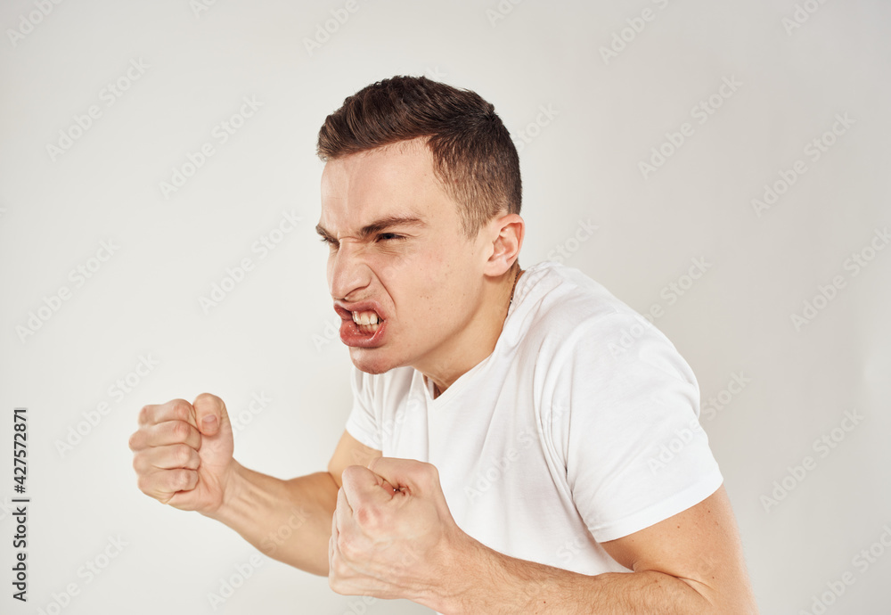 Emotions man irritability wide open mouth grin model cropped view Emotions man irritability wide open mouth grin model cropped view