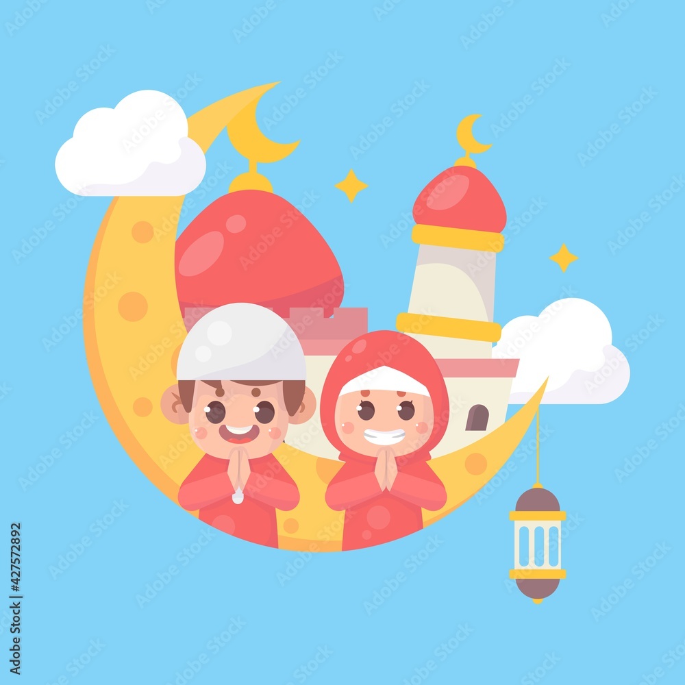 Cute moslem boy and girl greeting ramadan kareem. eid al fitr. islamic Premium Vector Cute moslem boy and girl greeting ramadan kareem. eid al fitr. islamic Premium Vector