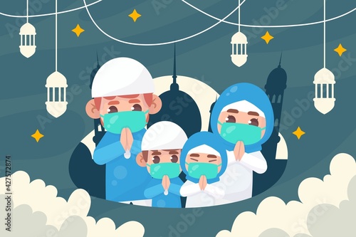 Moslem family wear mask  greeting ramadan kareem. eid al Fitr.  Islamic Premium Vector