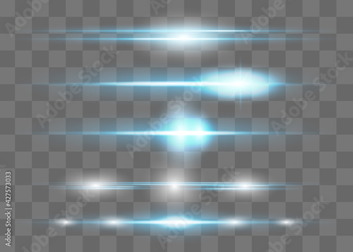 Red horizontal lens flares pack. Laser beams, horizontal light rays.Beautiful light flares. Glowing streaks on dark background. Luminous abstract sparkling lined background.