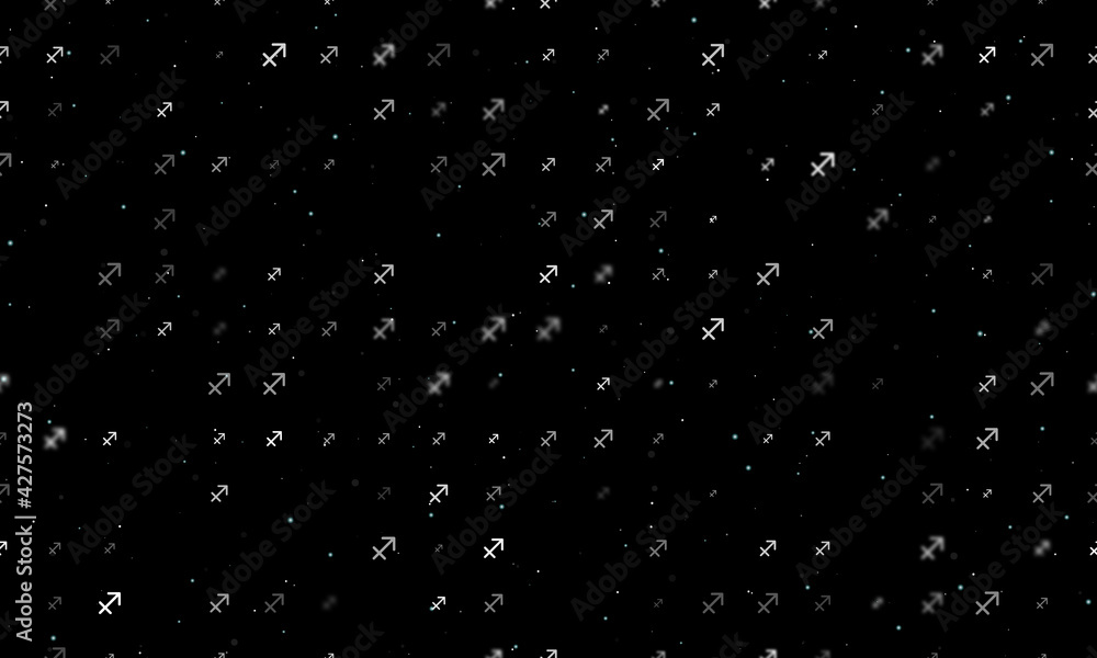 Seamless background pattern of evenly spaced white zodiac sagittarius symbols of different sizes and opacity. Vector illustration on black background with stars