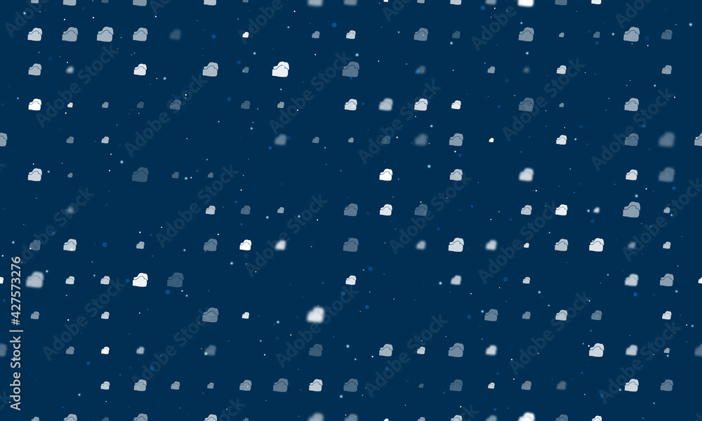 Seamless background pattern of evenly spaced white boxing gloves symbols of different sizes and opacity. Vector illustration on dark blue background with stars