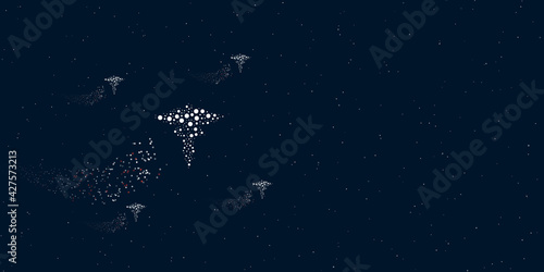 A caduceus symbol filled with dots flies through the stars leaving a trail behind. Four small symbols around. Empty space for text on the right. Vector illustration on dark blue background with stars