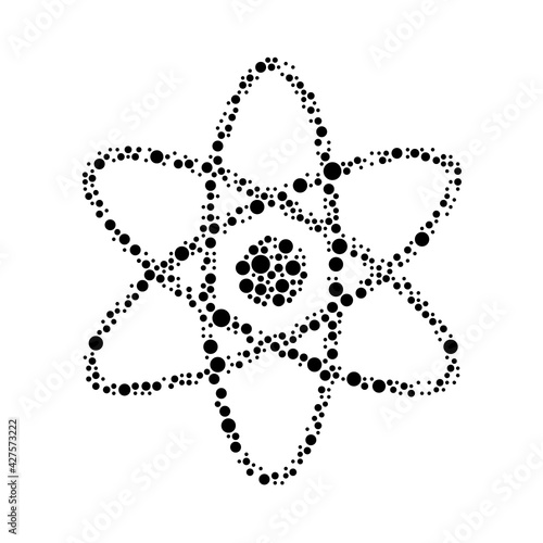 A large atomic symbol in the center made in pointillism style. The center symbol is filled with black circles of various sizes. Vector illustration on white background