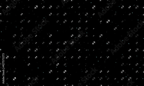 Seamless background pattern of evenly spaced white zodiac sagittarius symbols of different sizes and opacity. Vector illustration on black background with stars
