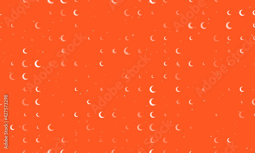 Seamless background pattern of evenly spaced white moon symbols of different sizes and opacity. Vector illustration on deep orange background with stars