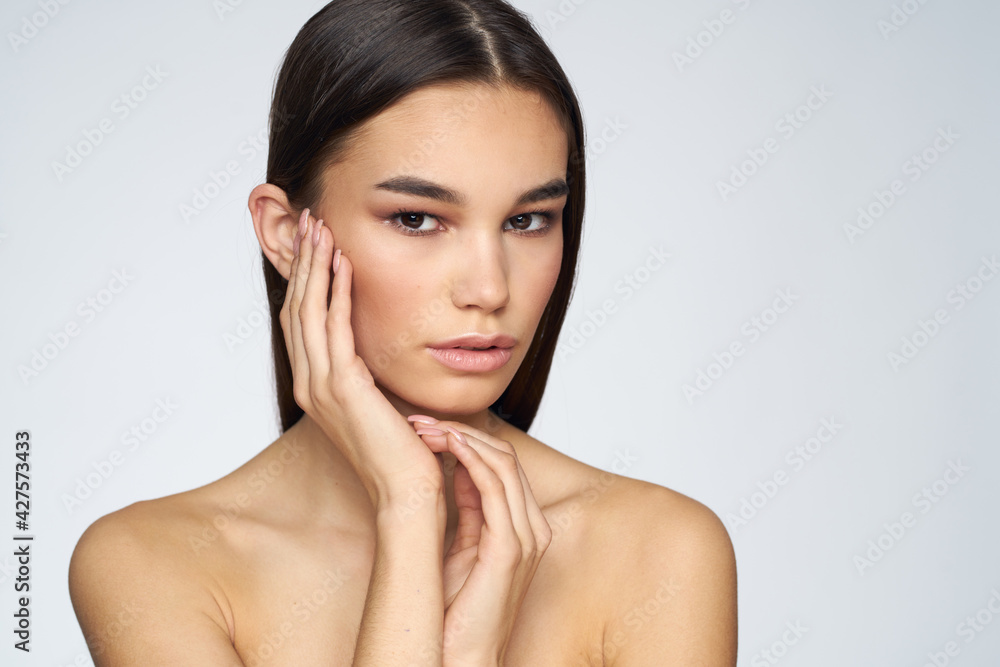 cute brunette bare shoulders clear skin cropped view cute brunette bare shoulders clear skin cropped view