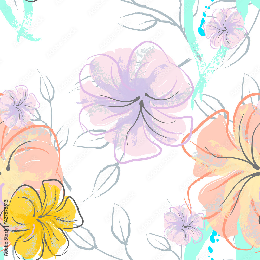 Pink Flowers Blooming Pattern. Pastel Watercolor. Pink Flowers Blooming Pattern. Pastel Watercolor.