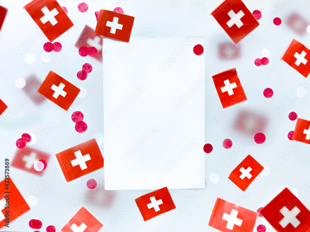 Switzerland, August 1, day foundation confederation. National holiday. the concept of memory, patriotism and freedom. Flags on a foggy background. Mockup.
