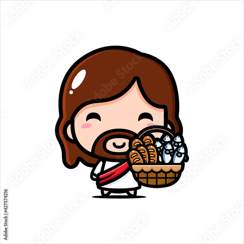 cute cartoon jesus vector design holding a basket filled with fish and bread