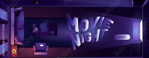 Movie night cartoon landing page, dark living room interior with tv and sofa top view at nighttime. Apartment with working television on wall, home entertainment, cinema amusement vector web banner