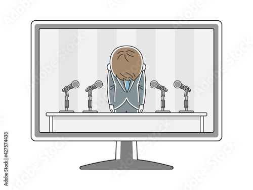 テレビで謝罪会見をする男性のイラスト