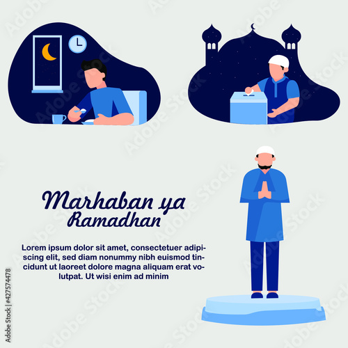 Vector illustration of Ramadan activities such as suhoor, alms and prayers.