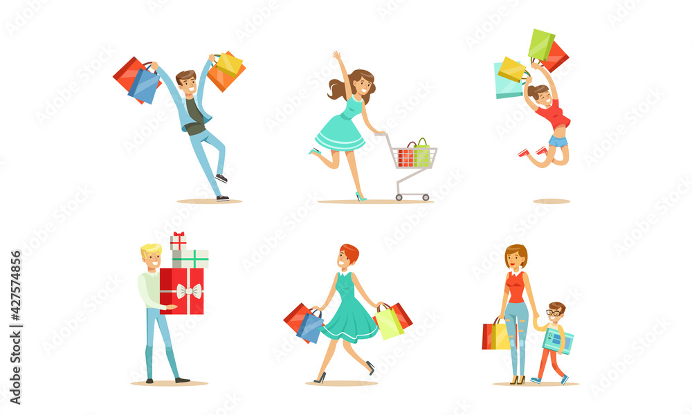 Set of Happy People Walking woth Shopping Bags, Happy Young Men and Women Shopping in Store, Shopping Center Cartoon Vector Illustration