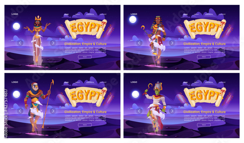 Egypt banners with ancient god Amun, Osiris, Pharaoh and Cleopatra on background of night desert. Vector landing pages with papyrus scroll, egyptian queen, god with falcon head, Horus and Amon Ra