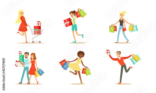 Set of Happy People Carrying Shopping Bags and Gift Boxes, Happy Young Men and Women Shopping in Store, Shopping Center Cartoon Vector Illustration