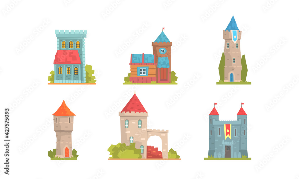 Medieval Buildings Set, Ancient Stone Mansions and Castle Towers Cartoon Vector Illustration