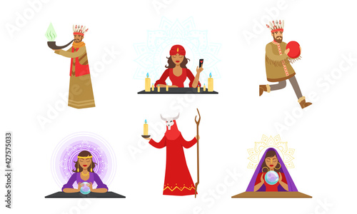 Fortune Teller and Shaman Characters Set, People Performing Religious Ceremonies and Divining with Magic Objects Cartoon Vector Illustration