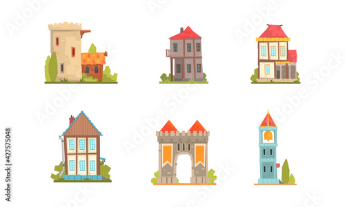 Medieval Buildings Set, Ancient Stone Mansions and Castles Cartoon Vector Illustration