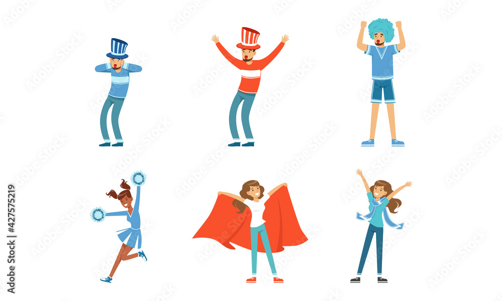 Happy Fans Cheering for Their Team Set, Cheerful Young Men and Women Supporting Athletes with Flags Cartoon Vector Illustration