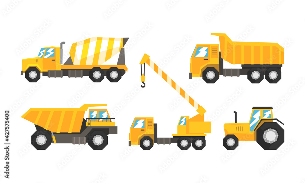 Construction and Industrial Vehicles Set, Cement Truck, Tractor, Dump Truck, Crane Cartoon Vector Illustration