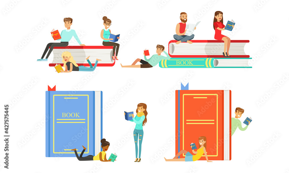 People Reading Books Set, Tiny Students Sitting on Stack of Textbooks Studying or Preparing for Exams, Book Lover, Literature Fan Cartoon Vector Illustration
