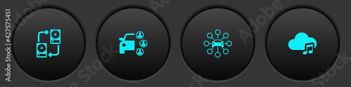 Set Data exchange with hhd, Car sharing, and Music streaming service icon. Vector