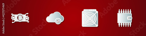 Set Cryptocurrency bitcoin in circuit, cloud mining, ASIC Miner and wallet icon. Vector