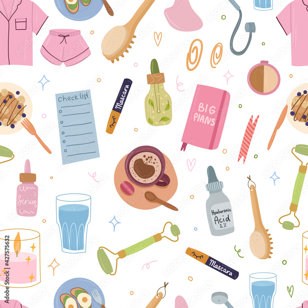 Self care morning routine seamless pattern .Skin care,planning,coffee. 