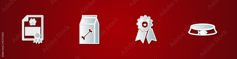 Set Certificate for dog or cat, Bag of food pet, Dog award symbol and Pet bowl icon. Vector Set Certificate for dog or cat, Bag of food pet, Dog award symbol and Pet bowl icon. Vector