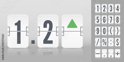 Flip number and symbol scoreboard on light background. White analog flip airport board for countdown timer. Stock exchange vector mechanic board.