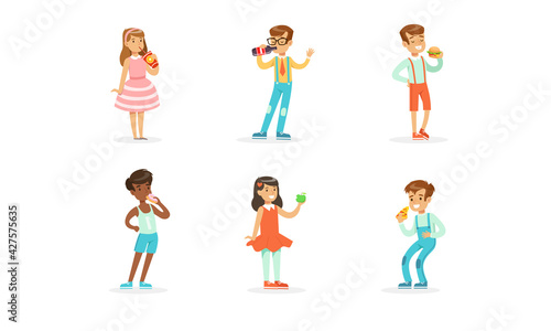 Kids Eating Healthy and Unhealthy Food Set, Boys and Girls Eating Fast Food Dishes and Fruits, Drinking Soda and Juice Cartoon Vector Illustration