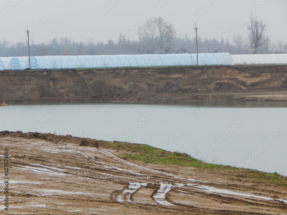 quarry, extraction of stone and sand, after the reservoir was formed quarry, extraction of stone and sand, after the reservoir was formed