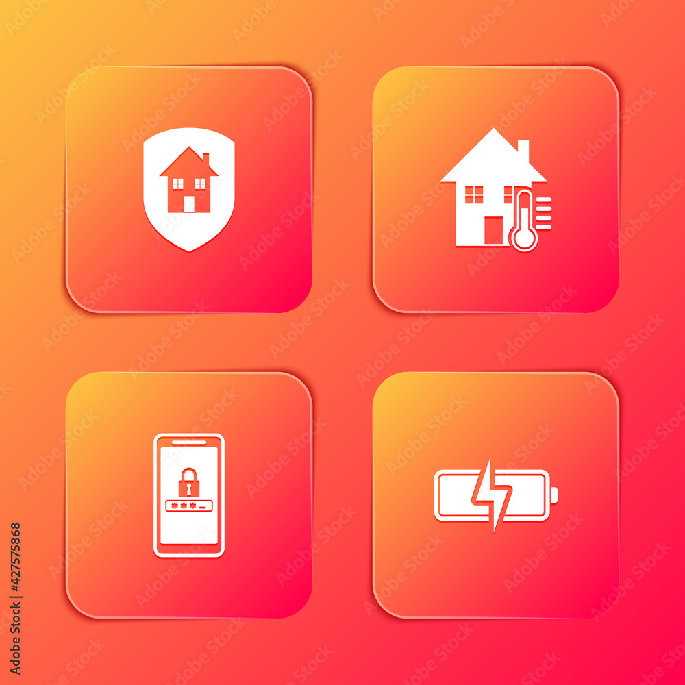 Set House under protection, temperature, Mobile and password and Battery icon. Vector Set House under protection, temperature, Mobile and password and Battery icon. Vector