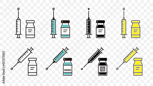 注射器と新型コロナワクチンのベクターアイコンセットイラスト素材透明背景