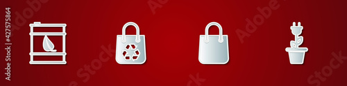 Set Bio fuel barrel, Shopping bag with recycle, and Electric saving plug pot icon. Vector