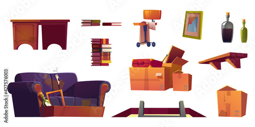 Old furniture stored on house attic. Hatch with ladder, wooden shelf, sofa with torn upholstery and dirty cardboard boxes with junk. Vector cartoon set with chair, book stack, table and broken frame