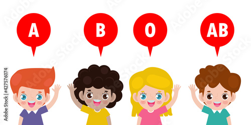 group of cute kids and Blood type a, b, o, ab, Blood type with happy children Healthy concept isolated on white background vector illustration